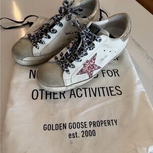 Golden Goose White Sneakers with Glittery Pink Star